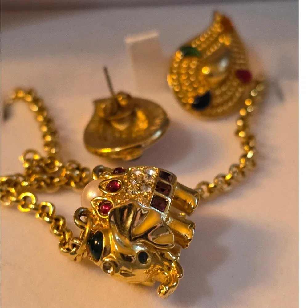 Joan Rivers Jewels of India Elephant Necklace‎ & Avon Earrings Set Vtg